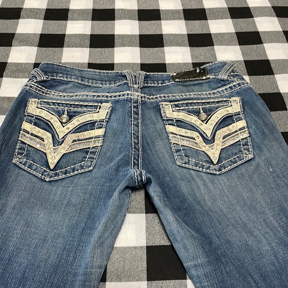 Vigoss Dallas Slim Boot Jeans 9/10 x 33 Faux Flap Sequins Rhinestones Stretch